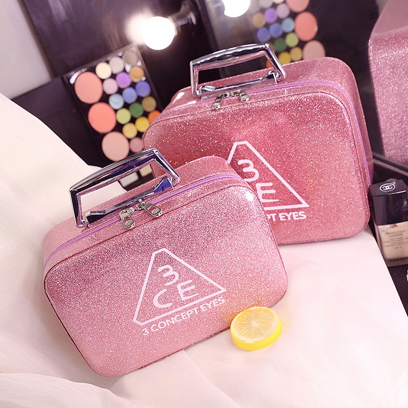Professional Glitter PU Cosmetic Travel Makeup Trunk Case Large Capacity Make Up Organizer Storage Bag Beauty Case