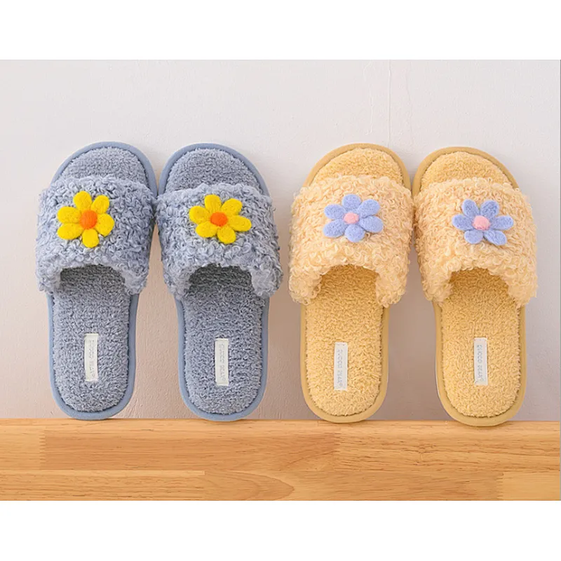 2020 Autumn Winter New Candy Color Korean Home Casual Flower Girl Plush Slippers
