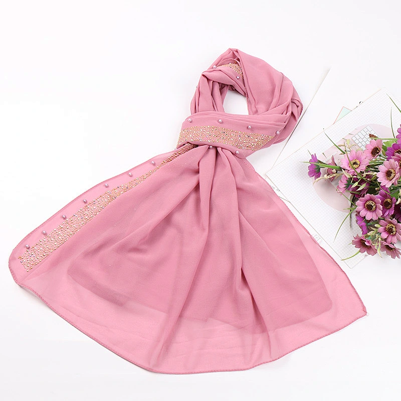 Islamic Lady pure color hot drill pearl women scarf chiffon muslim pearl hijab scarf