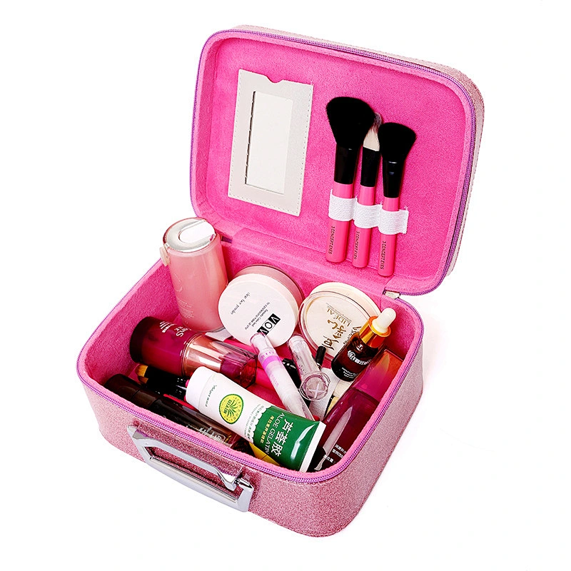Professional Glitter PU Cosmetic Travel Makeup Trunk Case Large Capacity Make Up Organizer Storage Bag Beauty Case