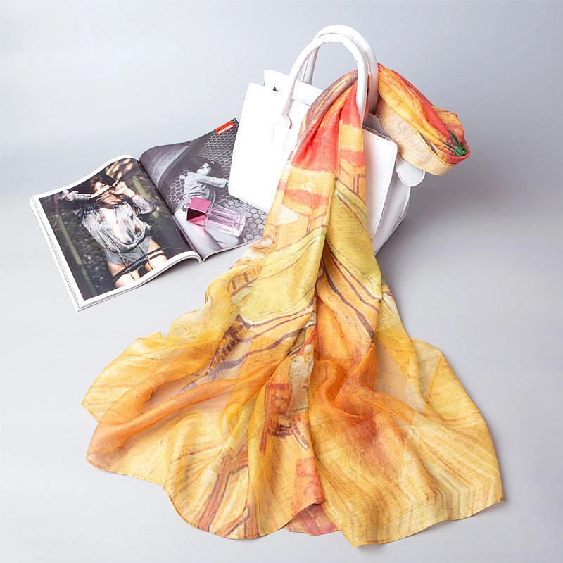 Spring and summer new female simulation silk oil painting printed elegant silk scarf beach towel shawl