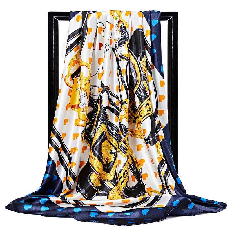 Spot wholesale female 90CM square scarf fashion heart printed simulation silk scarf
