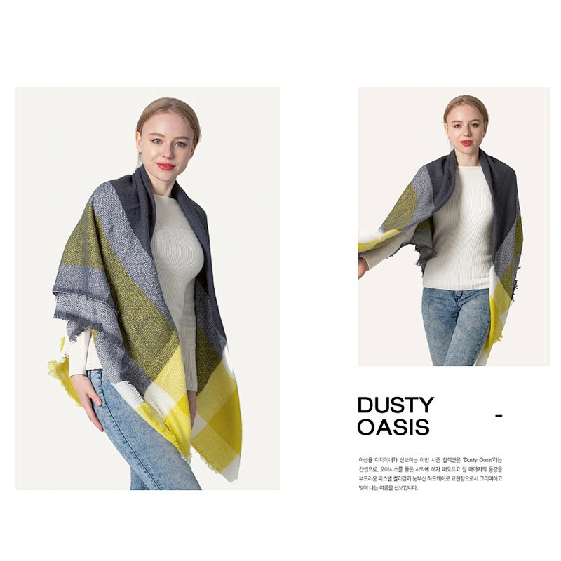European American New Yellow-Grey Cashmere Large Plaid Square Scarf Female Enlarged Double-Sided Shawl