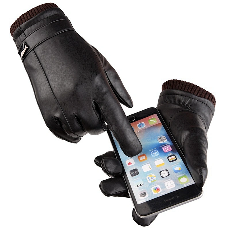 Factory Direct Men'S Leather Gloves Winter Warm Touch Screen PU Leather Gloves For Riding Waterproof Windproof