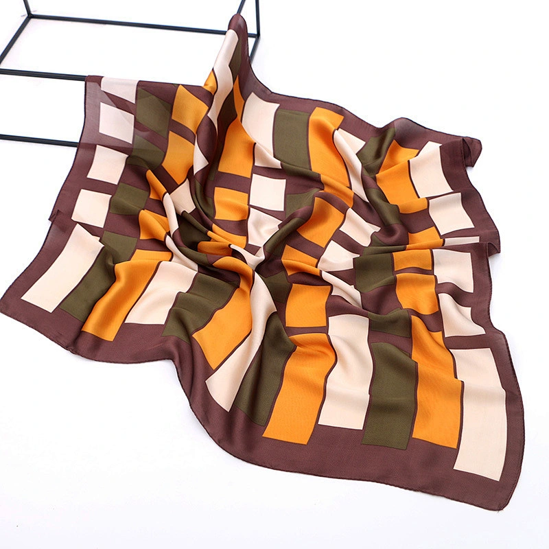 Spring new product simple professional decoration small scarf plaid stitching printed satin silk small square scarf