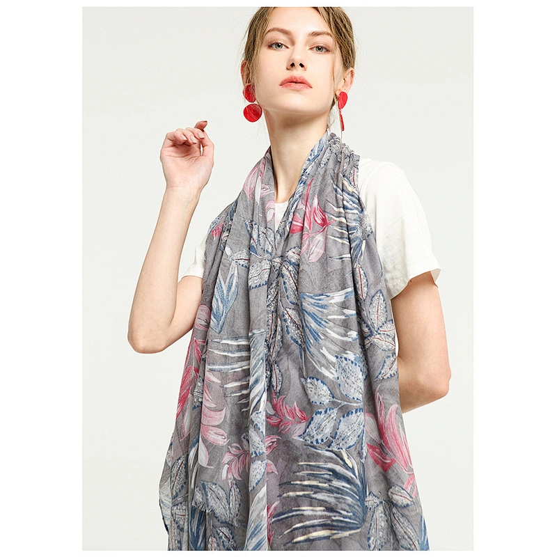 2021 Style Satin Printed Fallen Leaves Bronzing Cotton Scarf Spring Autumn All-Match Pattern Scarf