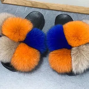 Wholesale Custom Logo Indoor Sandals Women Ladies Luxury Colorful Fluffy Fur Slipper