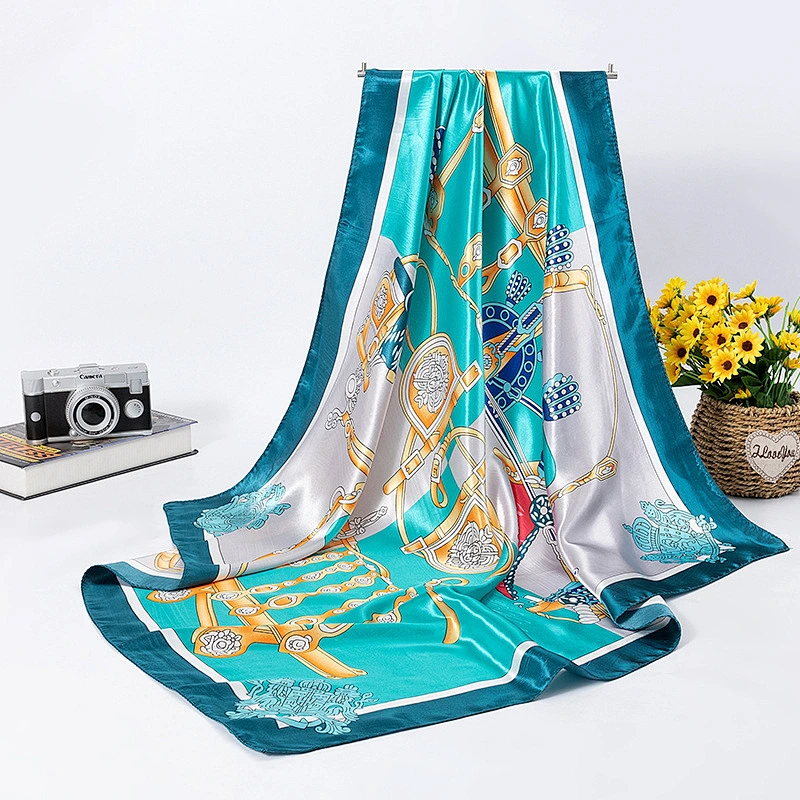 Crown print simulation silk large sunscreen scarf wild ladies 90x90 satin silk square scarf
