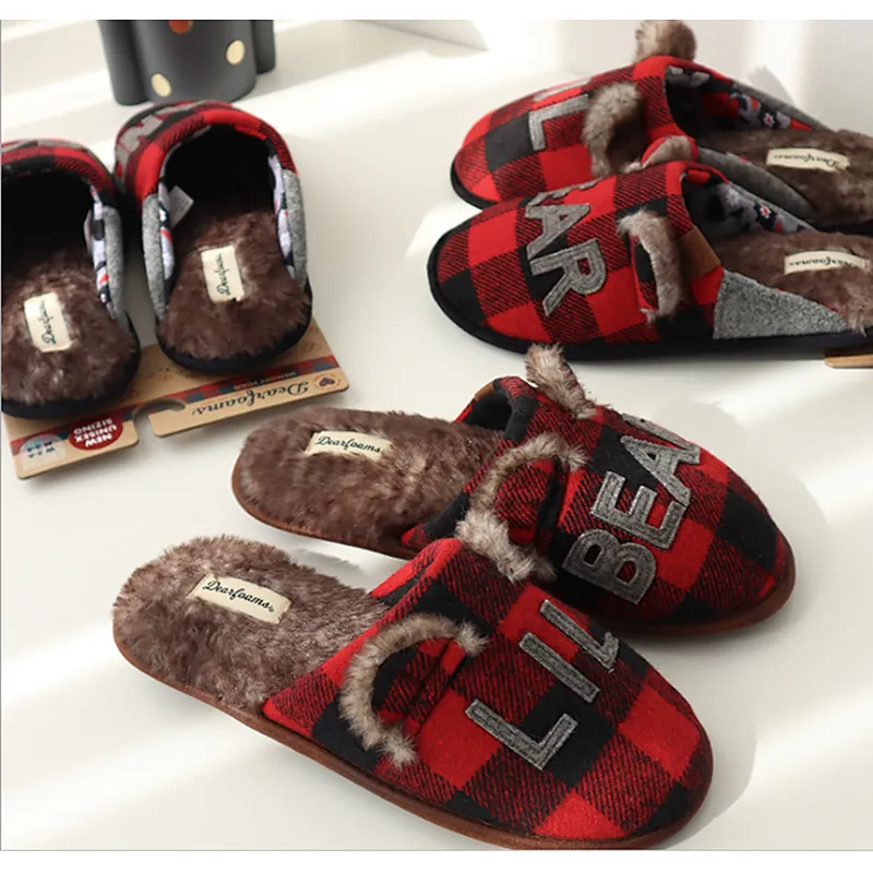 british checkered knitted warm plush cotton slippers men's women's waterproof non-slip mute home shoes