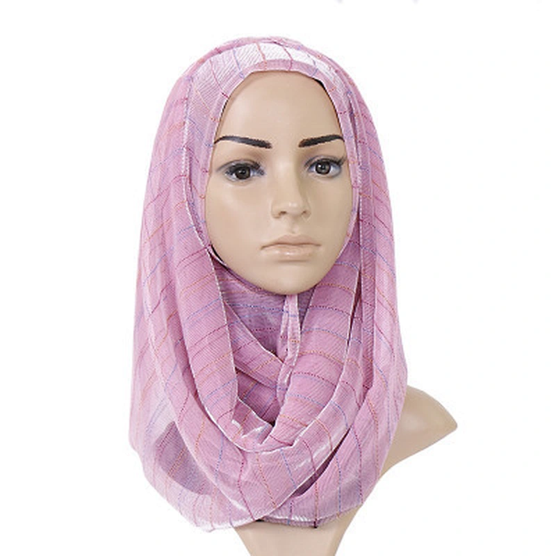 Elastic gold thread braided striped sunscreen shawl muslim wholesale women polyester scarf hijab