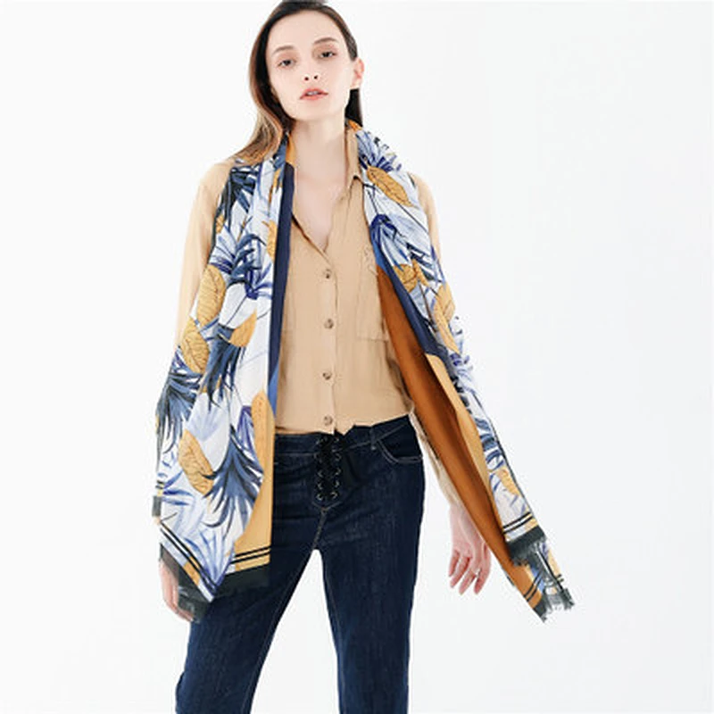 Leaf print scarves ladies long tassel ethnic style low price polyester silk scarf printed shawl for women