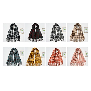 New Girls Winter Thick Warm Long Plaid Scarf Cashmere Tassel Simple Double-Sided Plaid Scarf