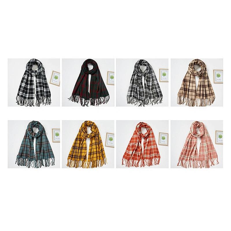 New Girls Winter Thick Warm Long Plaid Scarf Cashmere Tassel Simple Double-Sided Plaid Scarf