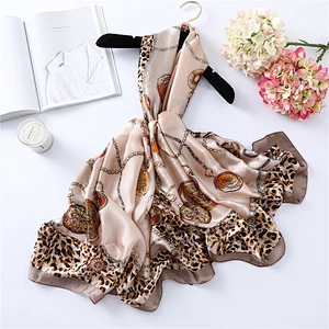 Leopard clock chain printed women sunscreen shade china brand silk scarf pareo beach towel
