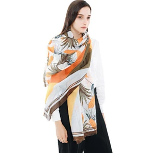 Leaf print scarves ladies long tassel ethnic style low price polyester silk scarf printed shawl for women