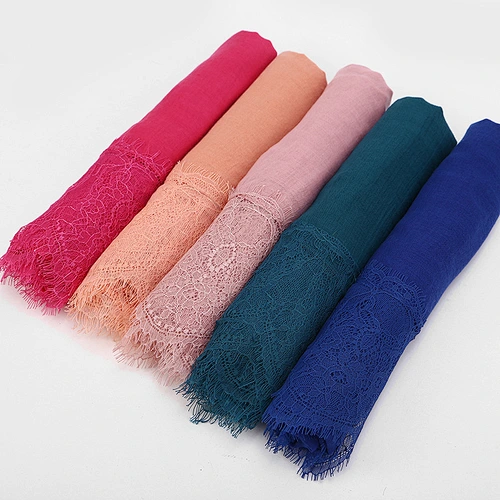 Cheap  Wholesale Monochrome Cotton Linen Lace Hijab Muslim Stitching Scarf
