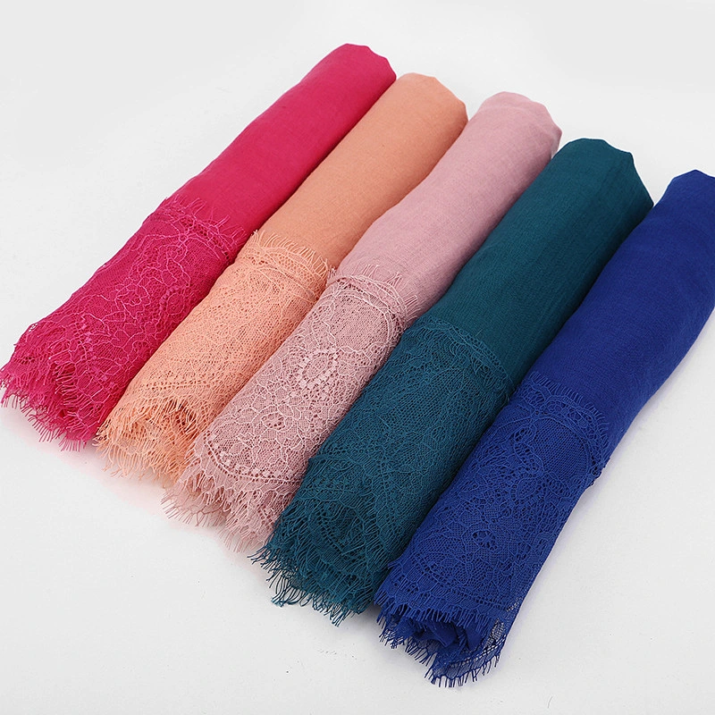 Cheap  Wholesale Monochrome Cotton Linen Lace Hijab Muslim Stitching Scarf