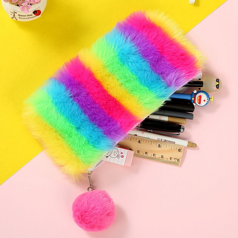 Color Plush New Rainbow Color Plush Pencil Bag Student Stationery Lady Plush Laser Pencil Case