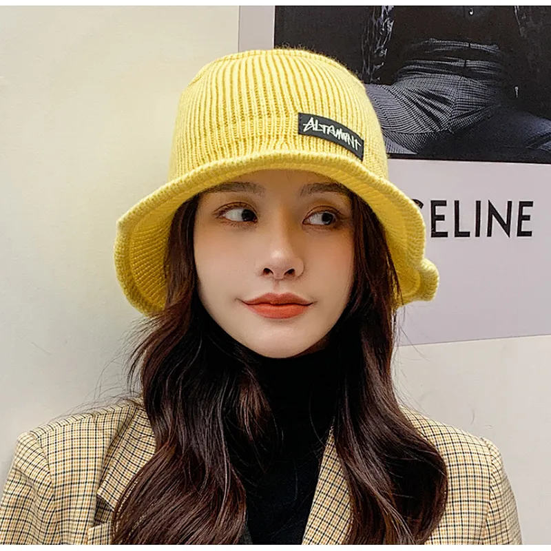 Lady Winter Plain Wide Brim Fashion Warm Terry Labeled Knitted Wool Bucket Hat