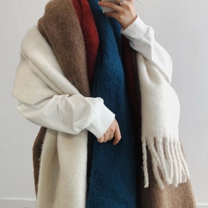 Solid Color Comfortable Mohair Padded Scarf Women Keep Warm Winter Double-Sided Long Shawl With Tassel