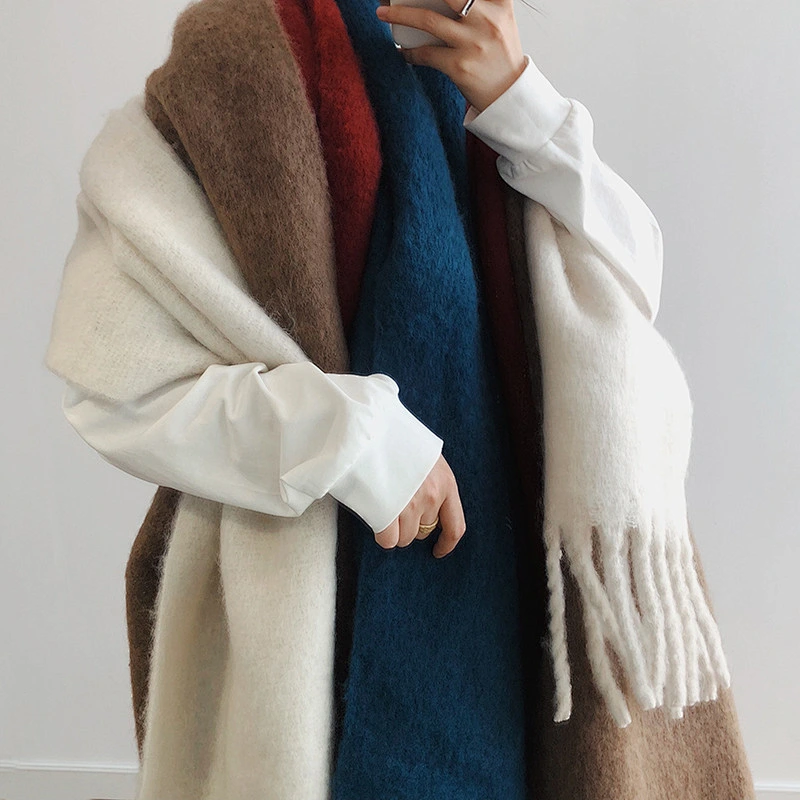 Solid Color Comfortable Mohair Padded Scarf Women Keep Warm Winter Double-Sided Long Shawl With Tassel