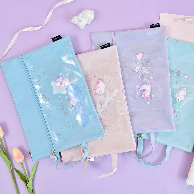 Korea Creative Candy Rabbit Oxford Cloth File Bag Cute Cartoon Double Zipper Pupils Book Pencil Bag