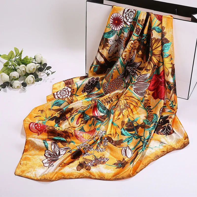 Spot wholesale new simulation silk scarf female 90 satin mother's day scarf floral printing square scarf