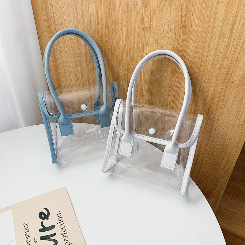 Custom Simple Design Women Handle Waterproof Clear Transparent Pvc Plastic Ladies Tote Shoulder Bag