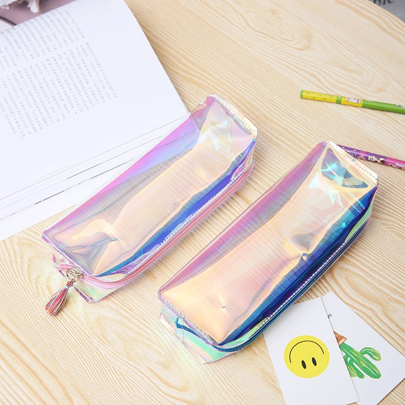 Personality Students Transparent Pencil Case Holographic Laser Stationery Bag With Tassel