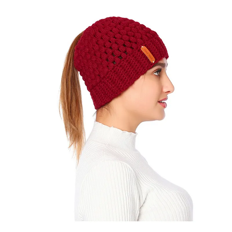 Winter Ladies Pure Color Ponytail Knitted Hat Fashion Hollow Ear Protection Woolen Hat