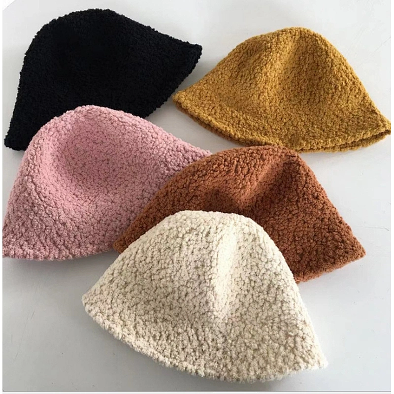 Cheap Lady Solid Thickened Soft Warm Fishing Outdoor Vacation Winter Hat Lamb Wool Bucket Hat