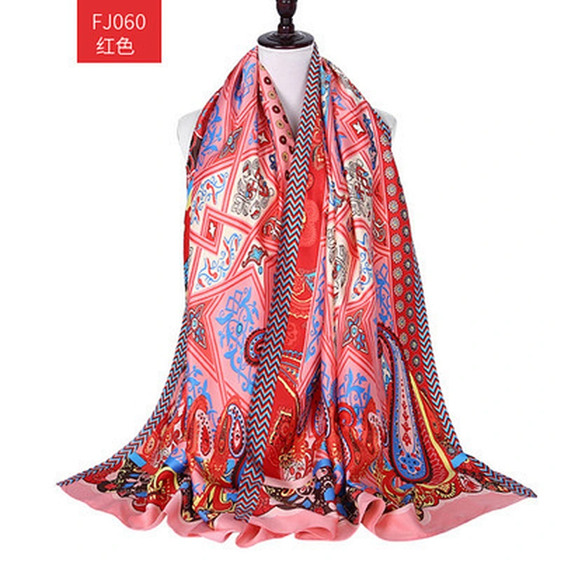 Spring and summer new fashion printed silk scarf long section simulation silk sunscreen beach towel shawl