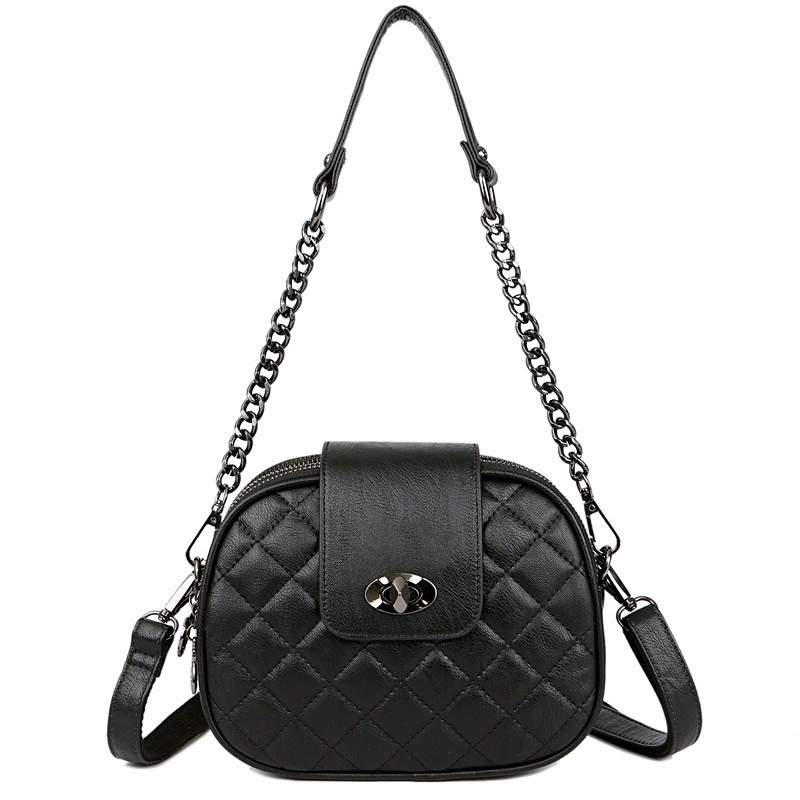 Fashion High Capacity 3 Layer Zipper PU Leather Round Diamond Lattice Messenger Shoulder Bags for Women Purse Bag