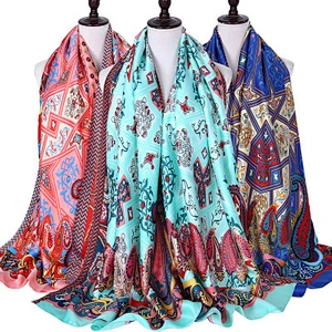 Spring and summer new fashion printed silk scarf long section simulation silk sunscreen beach towel shawl