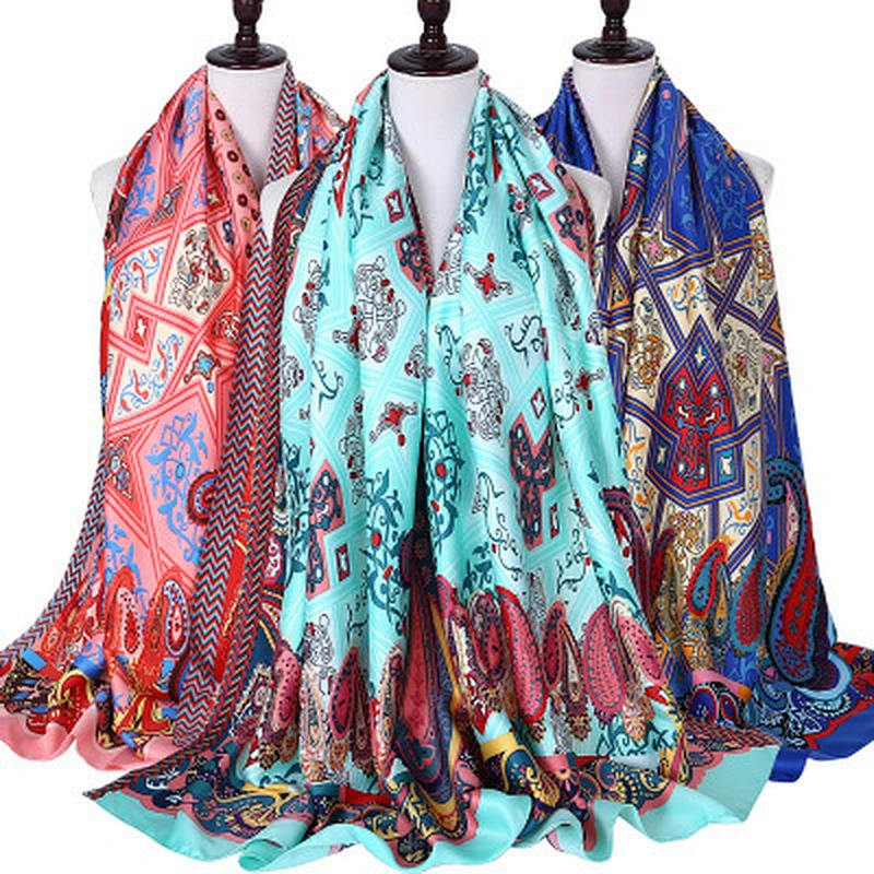 Spring and summer new fashion printed silk scarf long section simulation silk sunscreen beach towel shawl