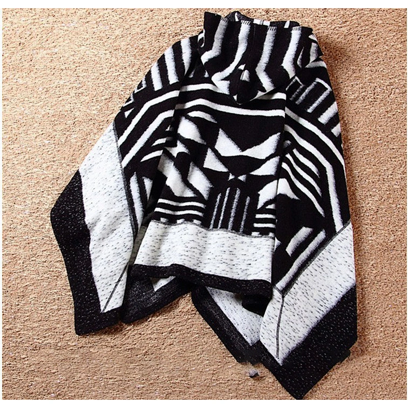 Woven Mohair Female Autumn Winter Thick Geometric Black White Hooded Cloak Shawl
