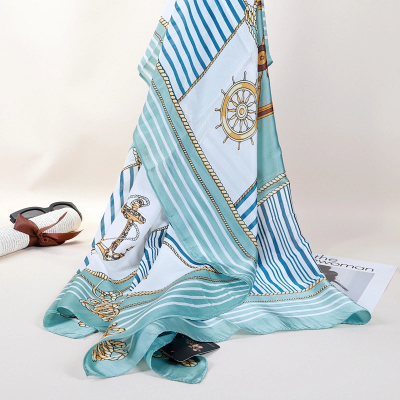 Spring new striped ladies scarf emulation silk satin navy wheel shawl travel scarf fashion beach towel