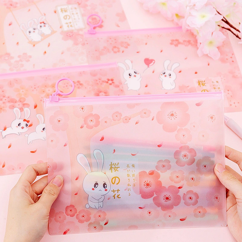 ins girl pink cherry blossom rabbit ring zipper file bag small fresh student storage bag stationery pencil bag