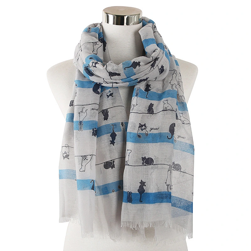 New Fresh Style Japanese Korean Striped Cat Animal Polyester Scarf Large Size Travel Sunscreen Shawl