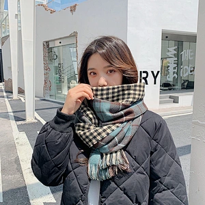 Autumn Winter New Thick Warm Double-Sided Fine Lattice Scarf Cashmere Women Printed Fringed Grid Scarf