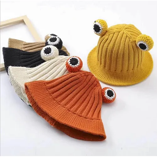 2020 Solid Color Cartoon Frog Knitted Hat Winter Warm Hat Acrylic Cap Beanie Hat For Kid Boy And Girl