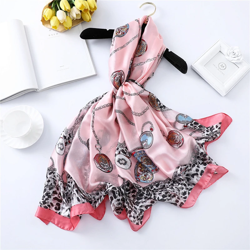Leopard clock chain printed women sunscreen shade china brand silk scarf pareo beach towel
