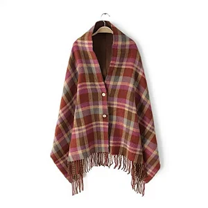 Wholesale Cashmere Scarves Female Ladies Cloak Shawl Winter Dual-Use Thick Tassel Plaid Button Scarf