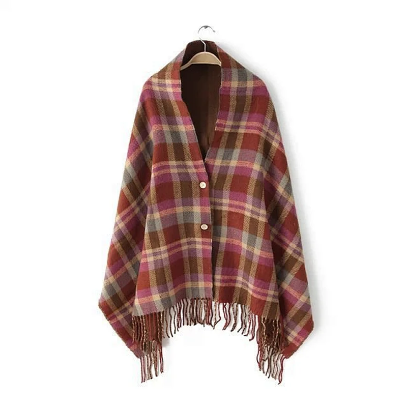 Wholesale Cashmere Scarves Female Ladies Cloak Shawl Winter Dual-Use Thick Tassel Plaid Button Scarf