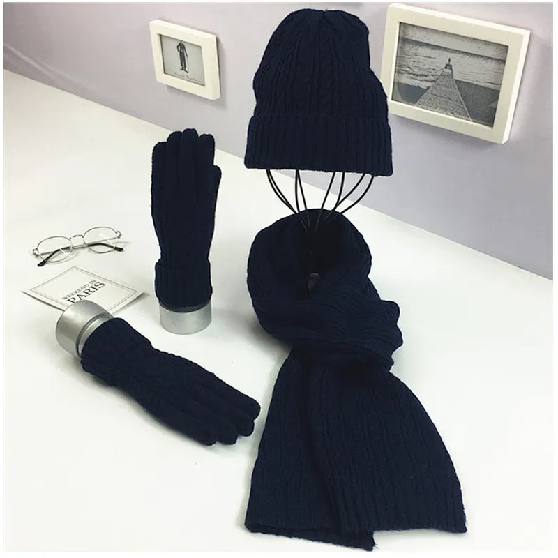 New Winter Knit Hat New Cable Warm  Soft Wool Hat Scarf  Gloves 3 Pieces Set