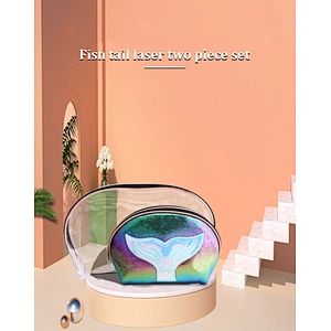 2 Pcs Women Lipstick Waterproof Portable Large Capacity Makeup Mermaid Laser Cosmetic Bag