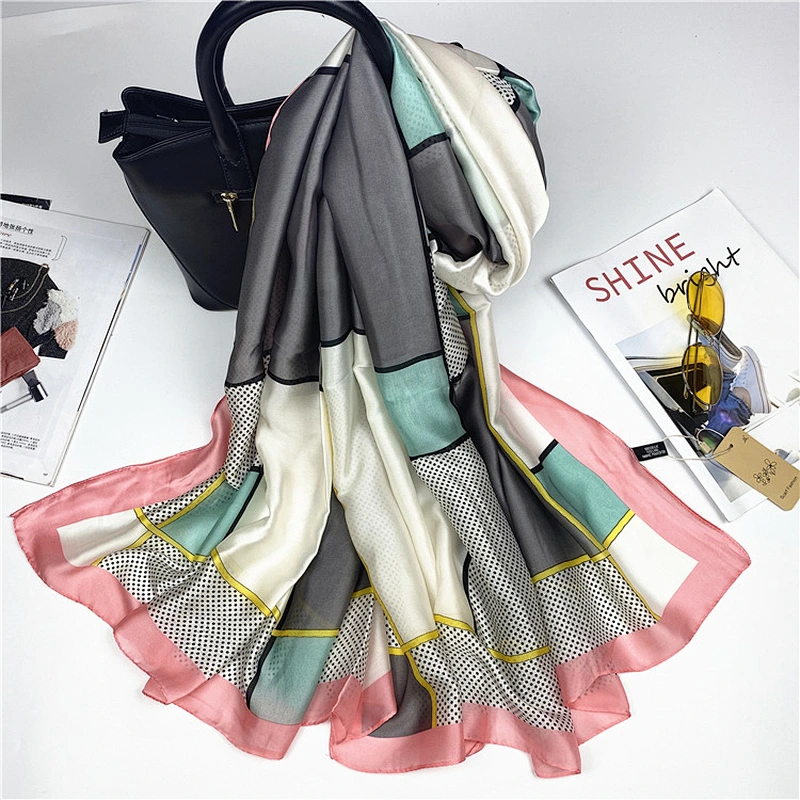 Large Size Summer Travel Sunscreen Ladies Scarf Korean Scarf Female Stitching Polka Dot Satin Printed Silk Scarf