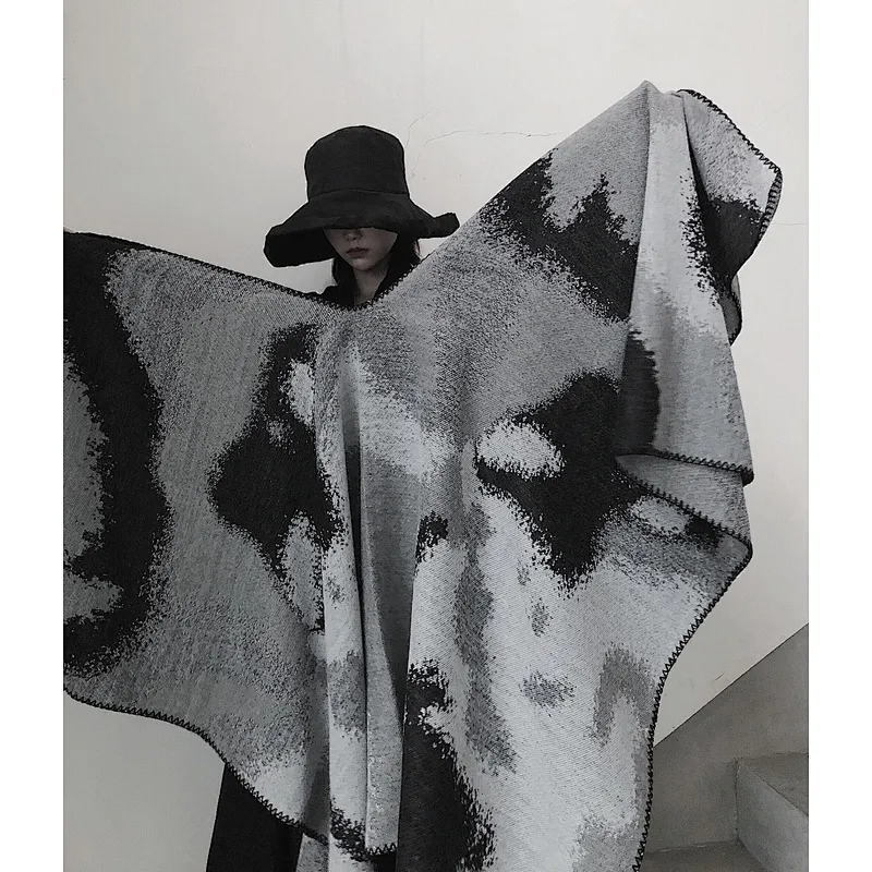Nordic Style Cashmere Tie-Dye Black White Double-Sided Shawl Decorative Scarf Simple Cloak Warm Thick Shawl