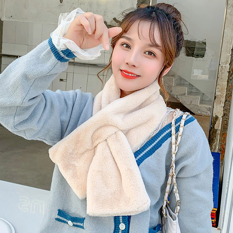 Fashion Ladies Thick Plush Solid Color Scarf Winter Trend All-Match White Plush Neck Scarf