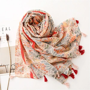 2020 Original Gauze Sunscreen Shawl Small Fresh Plant Flower Printing Cotton And Linen Feel Fringed Scarf